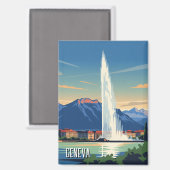Geneva Street Switzerland Travel Jet d'eau Vintag Magnet (Vorderseite/Rückseite)