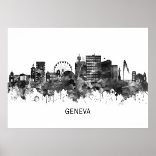 Geneva Switzerland Skyline BW Poster