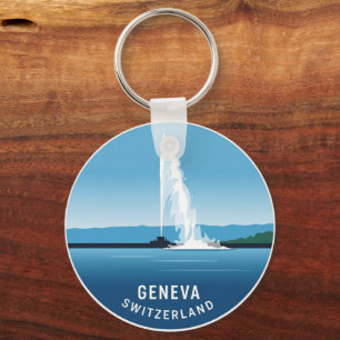 Genfer Straße Schweiz Reise Jet d'eau Sonnenunterg Schlüsselanhänger
