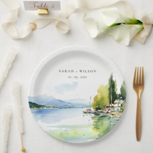 Genfersee Schweiz Aquarell-Landschaft Hochzeit Pappteller