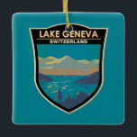 Genfersee Schweiz Reisen Vintag Keramikornament<br><div class="desc">Genfersee auf der Schweizer Seite Vektorgrafik Design. Der Genfer See (Lac Léman) ist ein halbmondförmiger See,  der von Frankreich und der Schweiz geteilt wird und von den Alpen übersehen wird.</div>