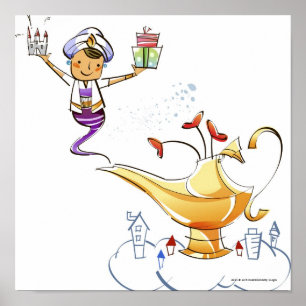 Genie bringt ein Haus und Geschenke aus einer magi Poster