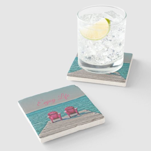 Genießen Sie das Leben in der Hütte Rustikale Adir Steinuntersetzer (Seitenansicht)