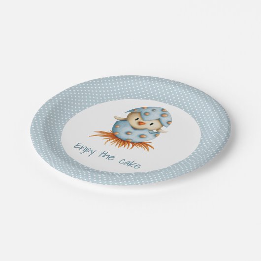 Genießen Sie den Cake Baby Bird, der blaues Eipapi Pappteller (Schrägansicht)