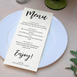 Genießen Sie die charmante Kalligrafie Elegantes H Menükarte<br><div class="desc">Charmantes Schwarz-Weiß-Hochzeitsmenü mit einer Kombination aus modernem Schriftart und einem fett schwarzen Schrift. Fügen Sie Ihre Namen und das Hochzeitsmenü hinzu. Trendy minimale Hochzeitsmenü in Schwarz-Weiß. Genießen Sie das Hochzeitsmenü personalisiert mit Ihren Namen.</div>