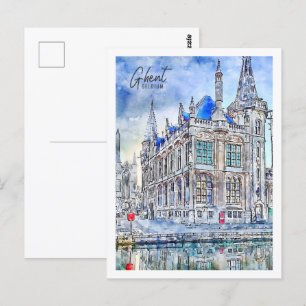 Gent Belgien Reiseort Wasserfarbe Postkarte