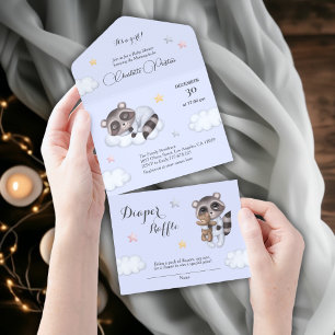 Gentle Baby Boy Raccoon Blue Baby Dusche All In One Einladung