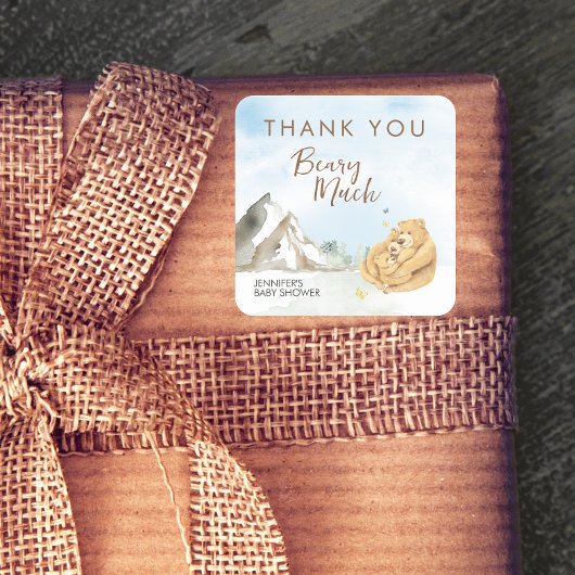 Gentle Beige Watercolor Bear Baby Thank You Quadratischer Aufkleber