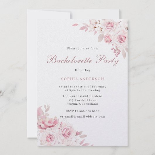 Gentle Blush Elegante Blume Junggeselinnen-Abschie Einladung (Vorderseite)