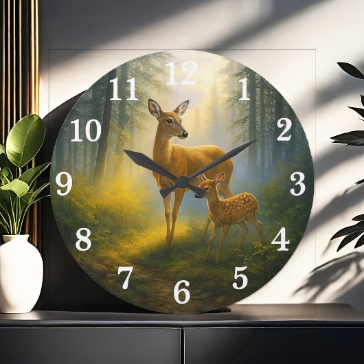 Gentle deer duo in sunlit forest große wanduhr