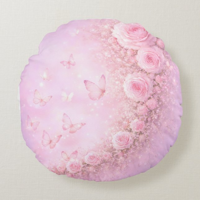 Gentle Floral Pattern – Soft Pink Roses with Soft  Rundes Kissen (Vorderseite)