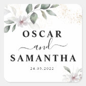 Gentle Greenery Watercolor Leaf & Blume | Gold Quadratischer Aufkleber (Vorderseite)