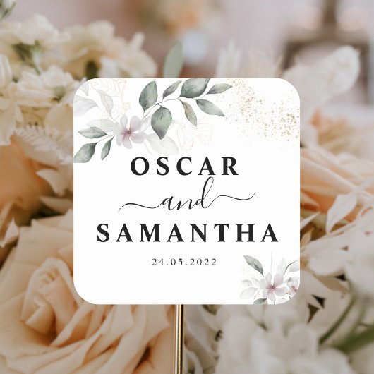 Gentle Greenery Watercolor Leaf & Blume | Gold Quadratischer Aufkleber