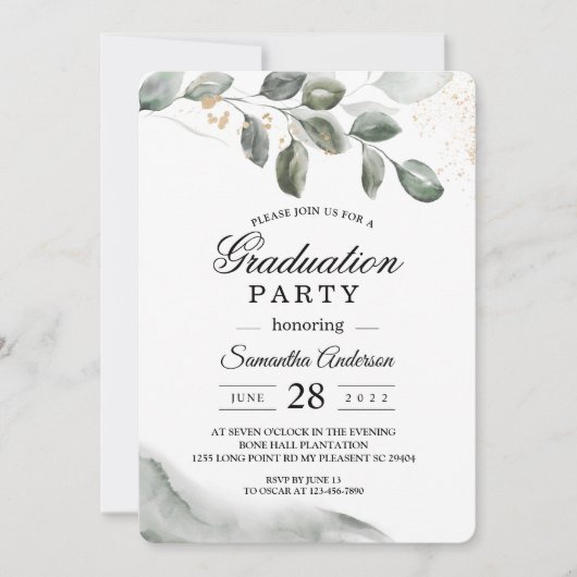 Gentle Greenery Watercolor Leaf | Goldstaub | Einladung (Vorderseite)