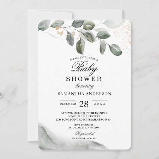 Gentle Greenery Watercolor Leaf | Goldstaub | Einladung (Vorderseite)