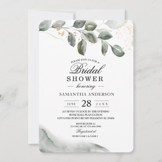 Gentle Greenery Watercolor Leaf | Goldstaub Einladung (Vorderseite)