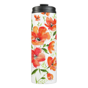 Gentle Orange Poppies Wasserfarben Muster Thermosbecher