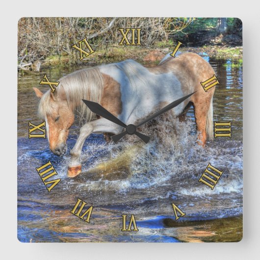 Gentle Palomino Pinto Stallion Playing in Pond Quadratische Wanduhr (Vorderseite)
