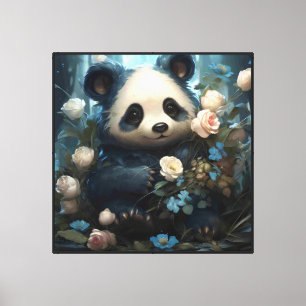 Gentle Panda Bear zwischen Dschungel-Rose Leinwanddruck