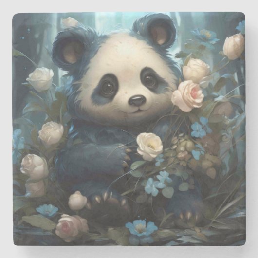 Gentle Panda Bear zwischen Dschungel-Rose Steinuntersetzer (Vorderseite)