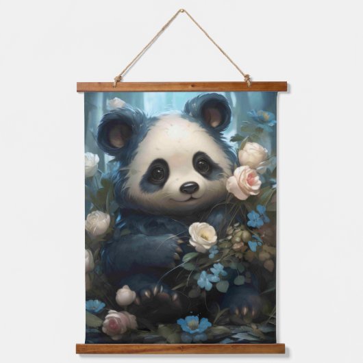 Gentle Panda Bear zwischen Dschungel-Rose Wandteppich Mit Holzrahmen (Vorderseite)