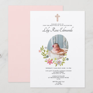 Gentle Pink Floral Baptism Invitation Einladung