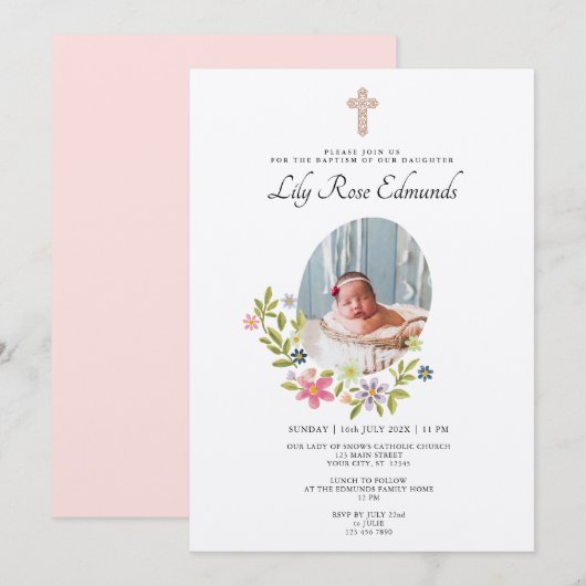 Gentle Pink Floral Baptism Invitation Einladung (Vorne/Hinten)