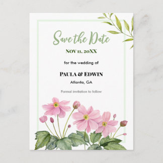 Gentle Pink japanischer Anemone Hochzeit speichern Ankündigungspostkarte