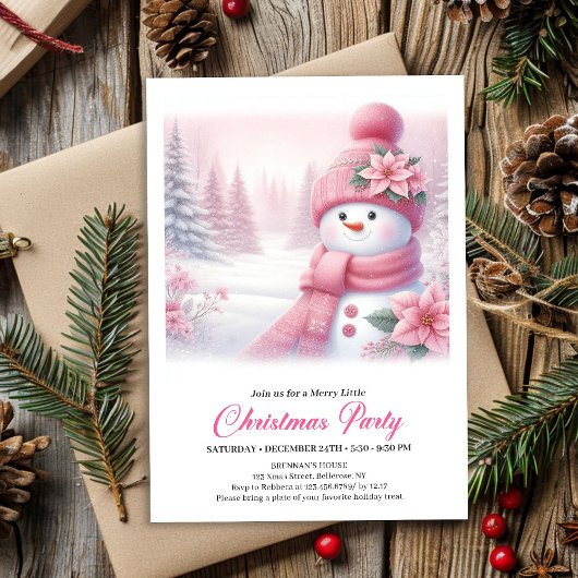 Gentle Pink Snowman Editable Christmas Invite Einladung