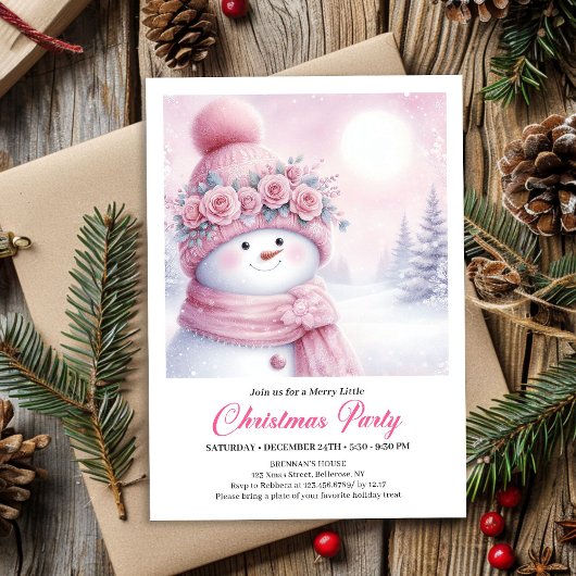 Gentle Pink Snowman Editable Kids Christmas Invite Einladung