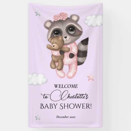 Gentle Raccoon Animal Girl Baby Dusche Willkommen Banner (Vertikal)