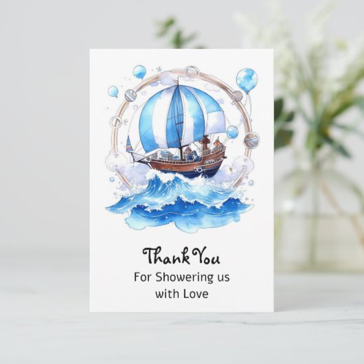 Gentle Waves: Nautical Boy Baby Shower Dankeskarte (Stehend Vorderseite)