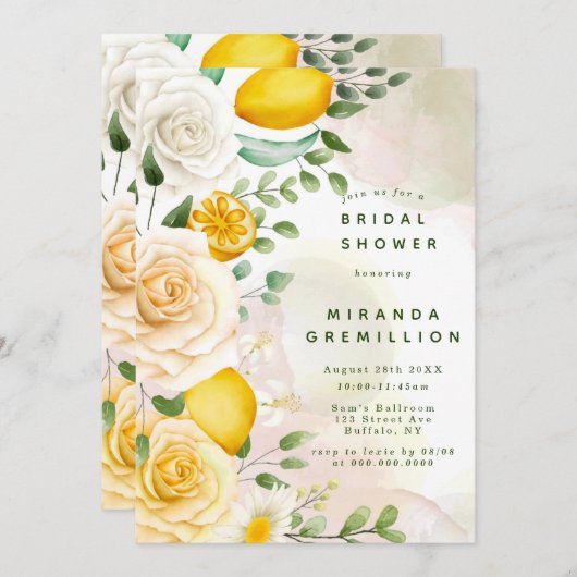 Gentle Yellow Roses and Lemons Brautparty Einladung (Vorne/Hinten)
