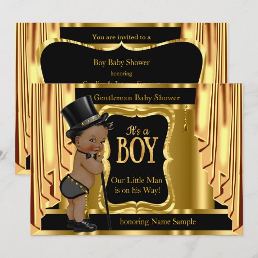 Gentleman Baby Shower Black Gold Drapes Ethnic Einladung (Vorne/Hinten)