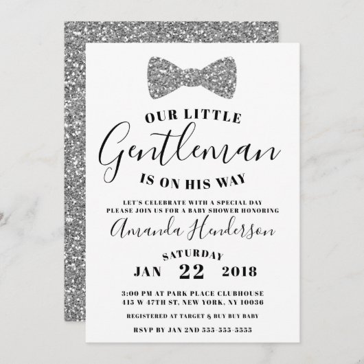 Gentleman Baby Shower Einladung, Imitate Silver Einladung (Vorne/Hinten)