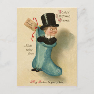 Gentleman Junge in großen blauen Weihnachtsstrumpf Postkarte