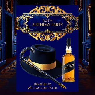 Gentlemen Hat Cane Whiskey Gold Navy Geburtstag Einladung