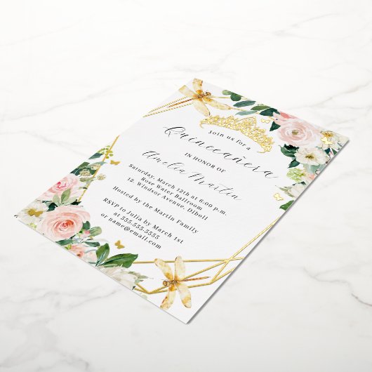 Geo Blush Floral Dragonfly Quinceanera Gold Folieneinladung (Gedreht)