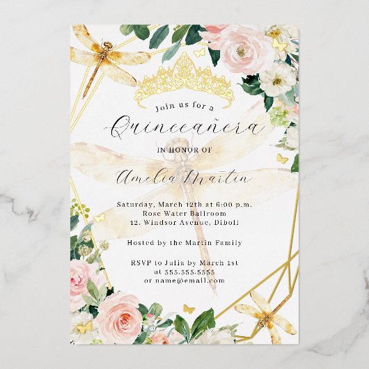 Geo Blush Floral Gold Dragonfly Quinceanera Folieneinladung (Vorderseite)