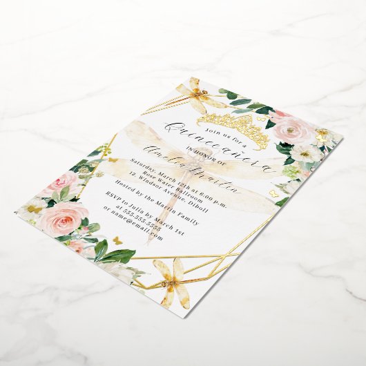 Geo Blush Floral Gold Dragonfly Quinceanera Folieneinladung (Gedreht)