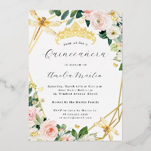 Geo Blush Floral Libelle Quinceanera Gold Folieneinladung