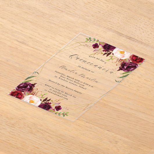 Geo Clear Acrylic Burgundy Floral Quinceanera Acryleinladungen (Ablage )