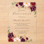Geo Clear Acrylic Burgundy Floral Quinceanera Acryleinladungen (Vorderseite)