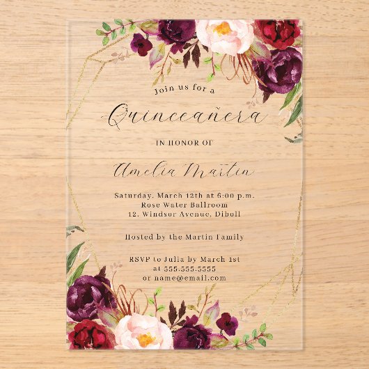 Geo Clear Acrylic Burgundy Floral Quinceanera Acryleinladungen (Vorderseite)