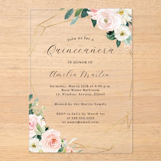 Geo Clear Acrylic Floral Quinceanera Acryleinladungen (Vorderseite)