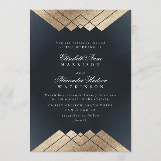 Geo Dark Navy Gold Gatsby Calligraphy Wedding Einladung (Vorderseite)