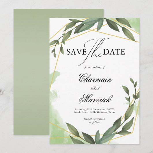 Geo Frame Greenery Leaf Eukalyptus Save the Date Einladung (Vorne/Hinten)