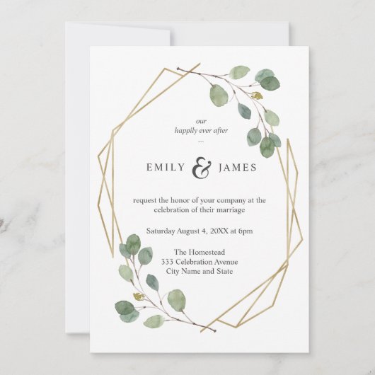 Geo Gold Rahmen mit Eukalyptus-Hochzeit in Aquarel Einladung (Vorderseite)