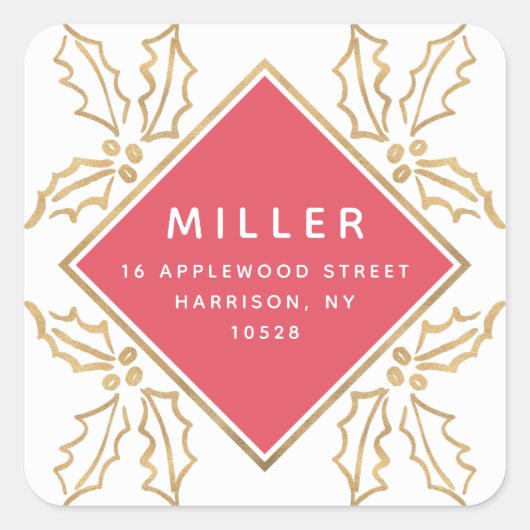 Geo Hand Drawn Gold Hollies Holiday Rücksendeadres Quadratischer Aufkleber (Vorderseite)