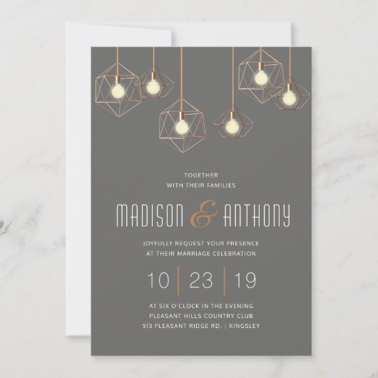 Geo Lights Charcoal Gray Modern Geometric Wedding Einladung (Vorderseite)